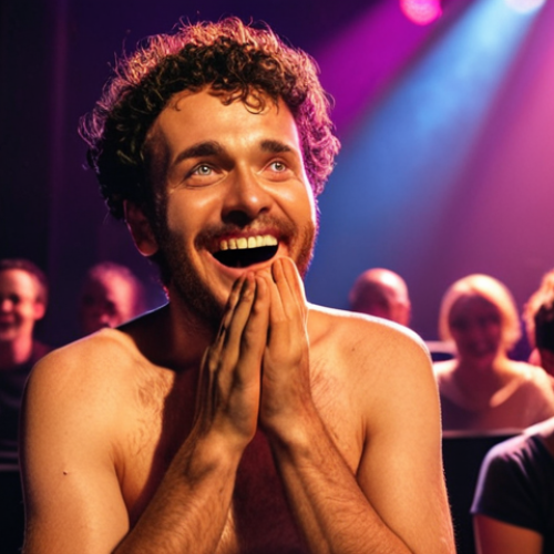 **

A brightly lit stage. An actor, mid-performance, intensely focused, bathed in warm light. The audience is visible in the background, their faces blurred but their eyes gleaming with joy and engagement. Capture the feeling of shared energy and connection between the performer and the audience. The overall tone is one of vibrant positivity and the magic of live theatre.

**