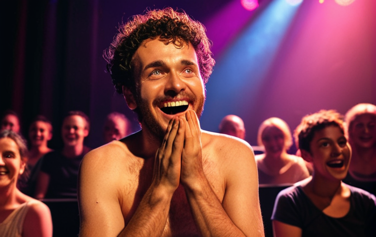 **
A brightly lit stage. An actor, mid-performance, intensely focused, bathed in warm light. The audience is visible in the background, their faces blurred but their eyes gleaming with joy and engagement. Capture the feeling of shared energy and connection between the performer and the audience. The overall tone is one of vibrant positivity and the magic of live theatre.
**