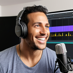 **A modern freelance actor, smiling confidently while recording voice-over work in a home studio. The background should include a microphone, soundproofing foam, and a computer screen displaying audio editing software.** (This visualizes the "Voice Acting" section and the opportunity for freelance work.)