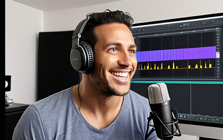 **A modern freelance actor, smiling confidently while recording voice-over work in a home studio. The background should include a microphone, soundproofing foam, and a computer screen displaying audio editing software.** (This visualizes the "Voice Acting" section and the opportunity for freelance work.)