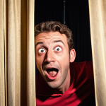 **A nervous but excited man backstage before his comedy debut, peeking through the curtains at the audience. Bright stage lights and a packed house are visible.** (Captures the initial fear and excitement)