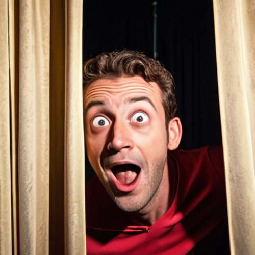 **A nervous but excited man backstage before his comedy debut, peeking through the curtains at the audience. Bright stage lights and a packed house are visible.** (Captures the initial fear and excitement)