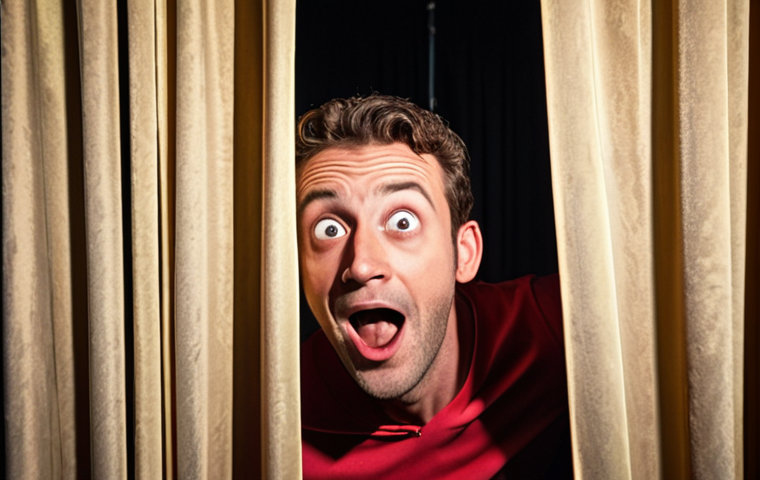 **A nervous but excited man backstage before his comedy debut, peeking through the curtains at the audience. Bright stage lights and a packed house are visible.** (Captures the initial fear and excitement)