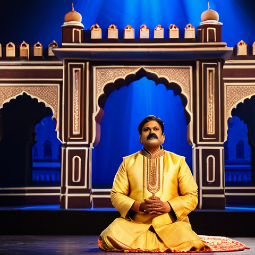 **
A stage actor in traditional Indian attire, fully clothed, delivering a powerful monologue under vibrant stage lighting. The background showcases a detailed set design depicting a historical Indian palace. Perfect anatomy, natural pose, safe for work, appropriate content, professional, modest, family-friendly, high quality.
**