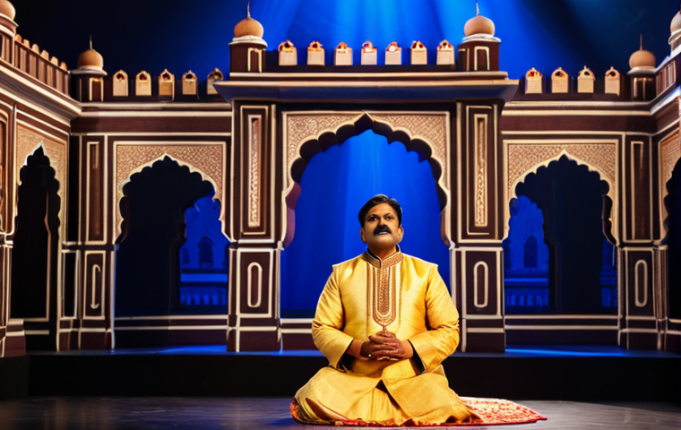 **
A stage actor in traditional Indian attire, fully clothed, delivering a powerful monologue under vibrant stage lighting. The background showcases a detailed set design depicting a historical Indian palace. Perfect anatomy, natural pose, safe for work, appropriate content, professional, modest, family-friendly, high quality.
**