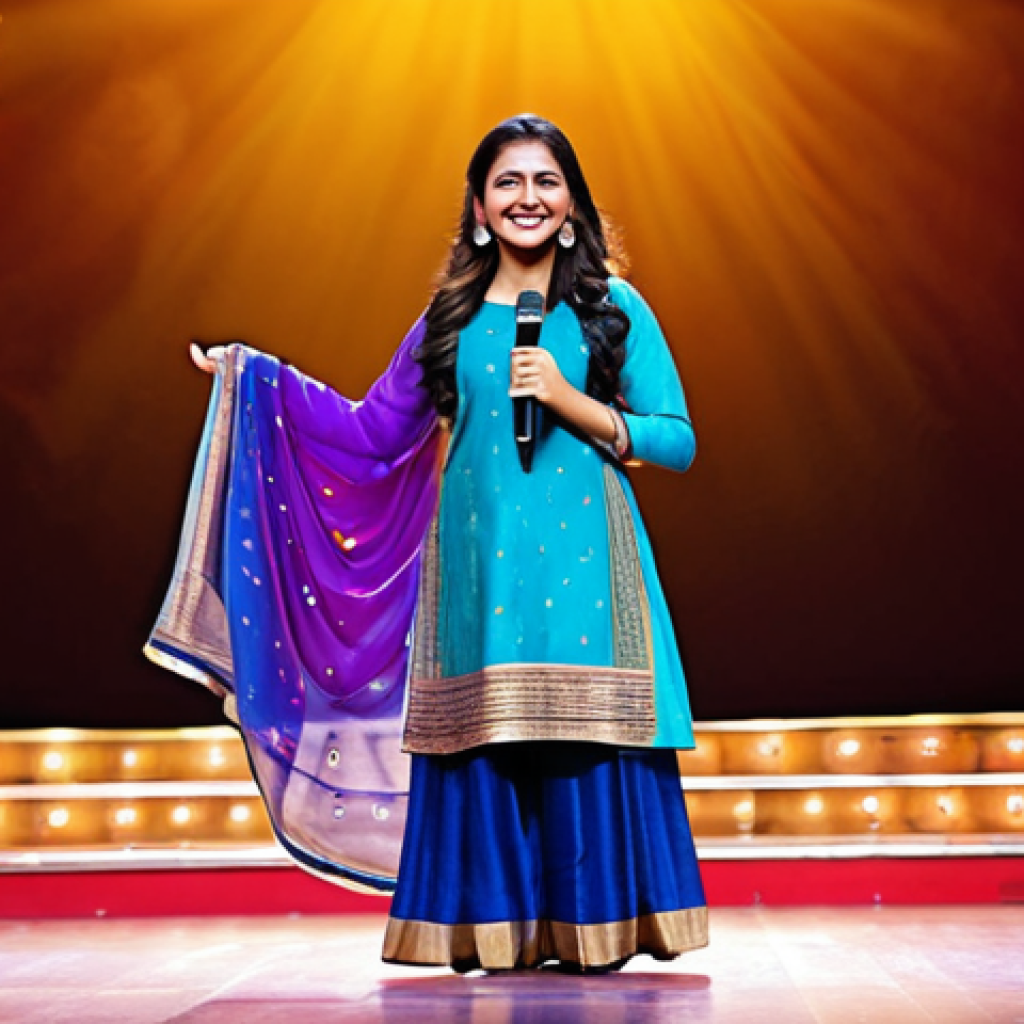 **
A young woman, fully clothed in modest Indian attire like a salwar kameez, stands confidently on a brightly lit theater stage. The backdrop shows a vibrant scene from a Bollywood musical. She holds a microphone and smiles warmly. Perfect anatomy, correct proportions, natural pose, safe for work, appropriate content, professional, modest, family-friendly, high quality.
**