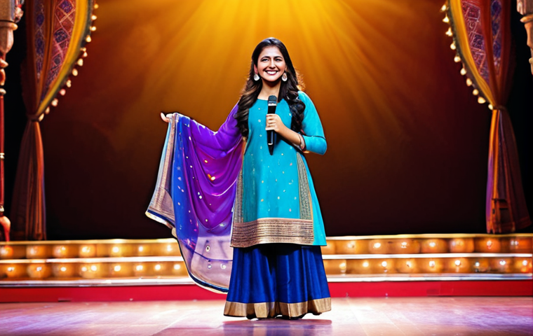 **
A young woman, fully clothed in modest Indian attire like a salwar kameez, stands confidently on a brightly lit theater stage. The backdrop shows a vibrant scene from a Bollywood musical. She holds a microphone and smiles warmly. Perfect anatomy, correct proportions, natural pose, safe for work, appropriate content, professional, modest, family-friendly, high quality.
**