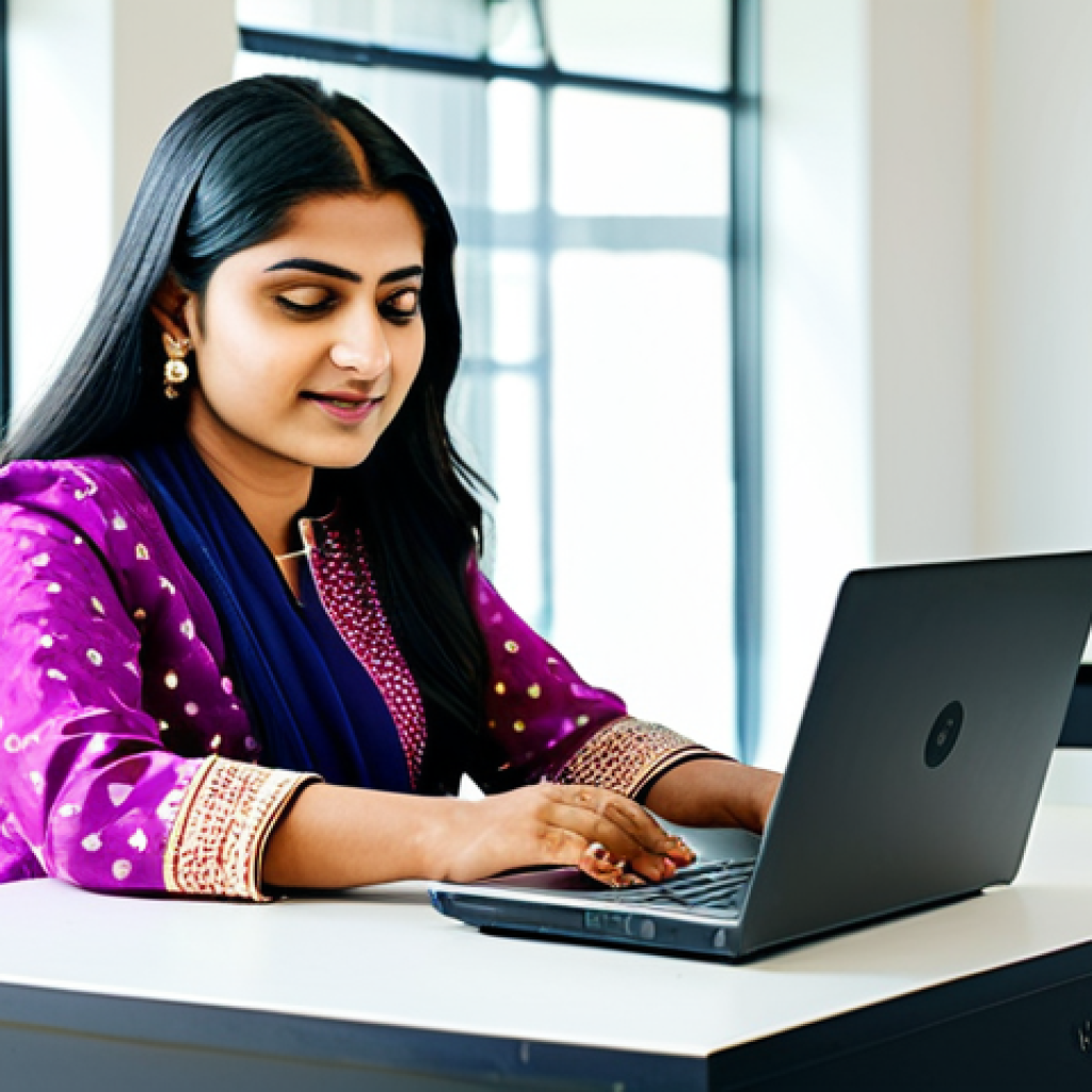 연극배우로서의 자기 혁신 - **
"A professional Indian woman, dressed in a beautiful and modest salwar kameez, working on a lapt...