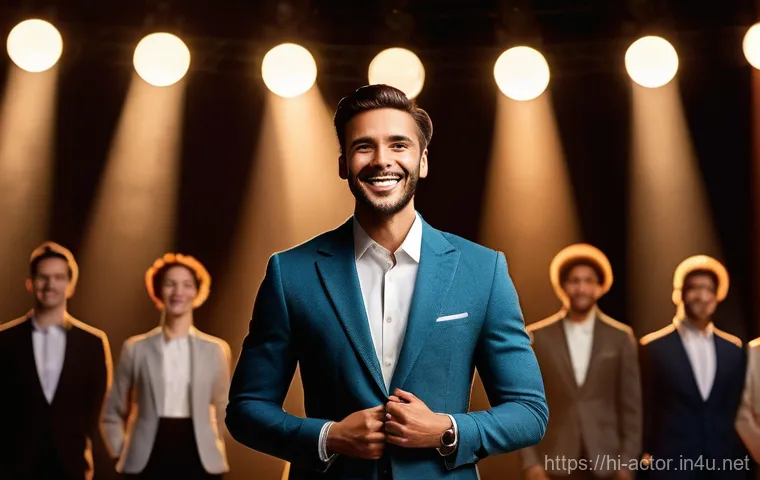 연극배우 자기계발 노하우 - "A powerful close-up of an actor's face and upper body, conveying profound emotional depth on a soft...