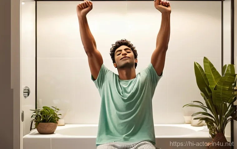 연극배우의 공연 후 휴식 관리 - **Prompt 1: Serene Post-Performance Rejuvenation**
"A male performer, appearing to be in his lat...