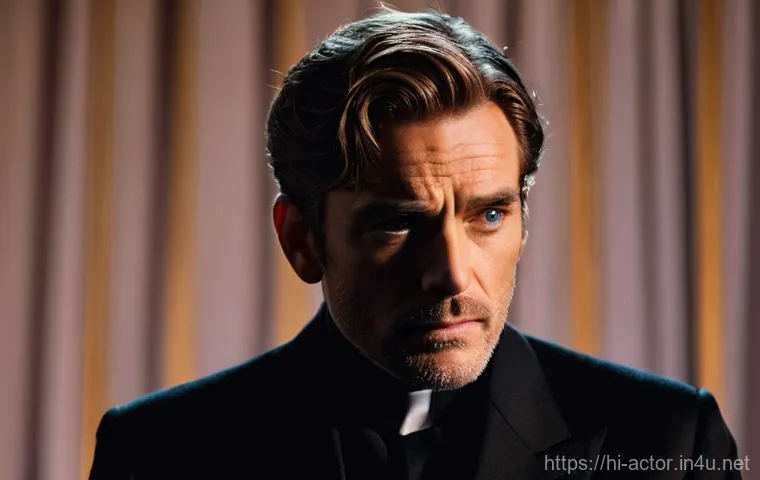 연극배우의 드라마틱 연기 연습 - **Prompt:** A talented male actor on a dimly lit stage, his face in a dramatic close-up. His eyes co...