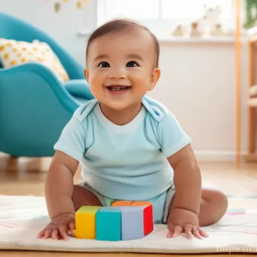 연극배우로서의 무대 공포 극복법 - A joyful, smiling baby, approximately 10-12 months old, sitting comfortably on a soft, colorful play...