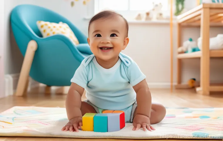 연극배우로서의 무대 공포 극복법 - A joyful, smiling baby, approximately 10-12 months old, sitting comfortably on a soft, colorful play...